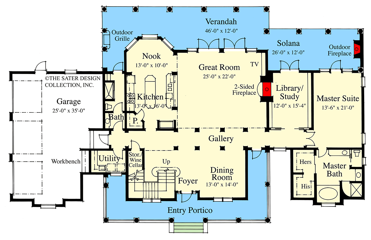 Plan 340144STR: Elegant Colonial Farmhouse Plan with 4 Bedrooms and 3910 Sq Ft - Floor Plan - Main Level - Colonial, Country, Farmhouse, New American