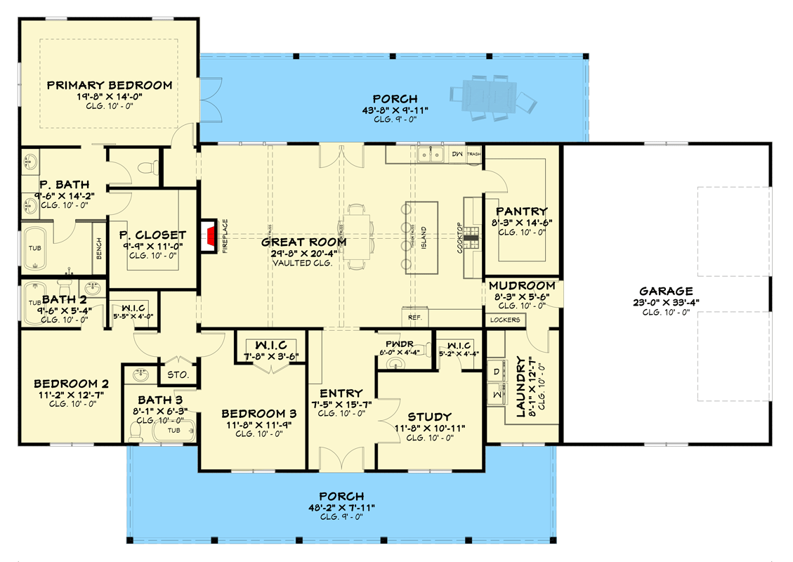 Plan 850020PKE: Three Bedroom Barndominium House Plan with Large Covered Porch and Study - Floor Plan - Main Level - Barndominium, Country, Farmhouse