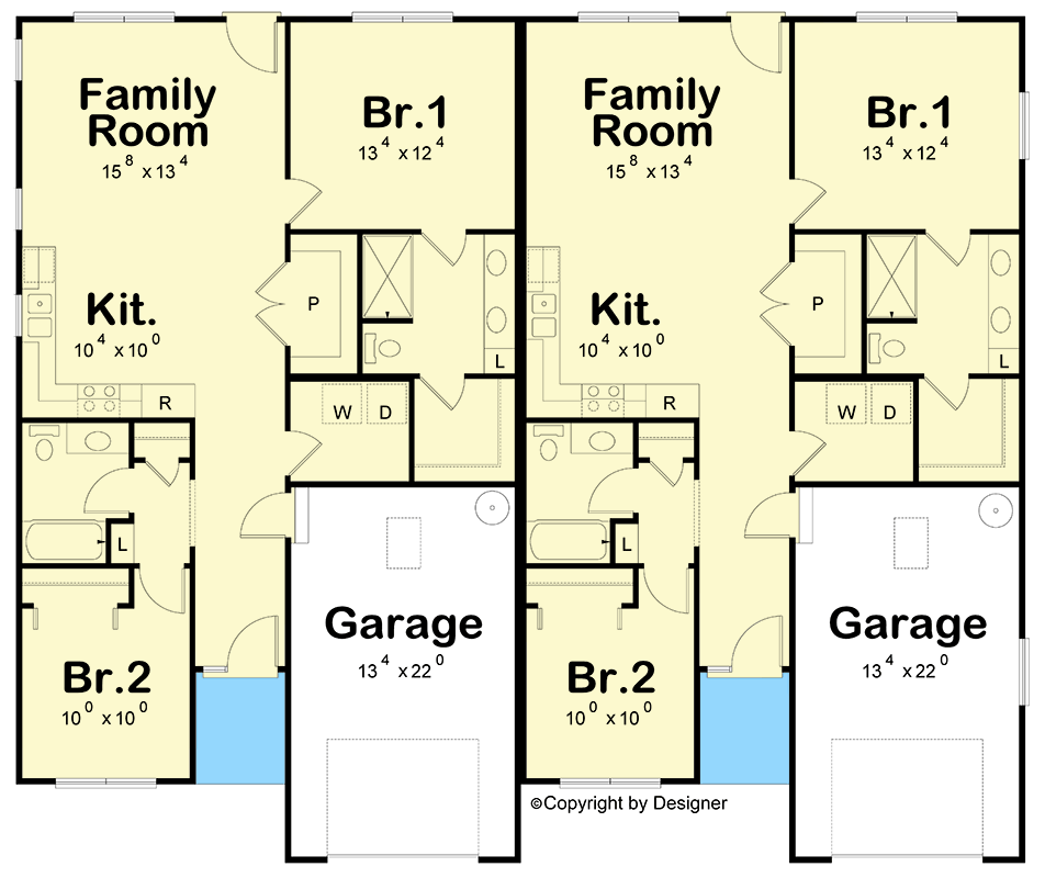 Plan 42490DB: Charming Ranch Duplex House Plan with 4 Beds and 2-Car Garage - Floor Plan - Main Level - Ranch, Traditional