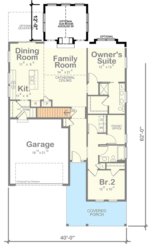 Plan 42730DB: Craftsman House Plan with 2 Beds and Main Level Living - Floor Plan - Optional Sunroom - Craftsman, Traditional