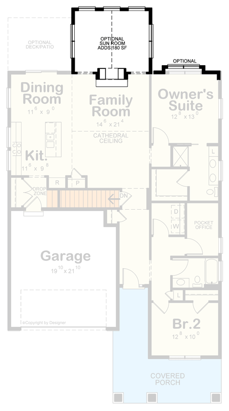 Plan 42731DB: Craftsman House Plan with Two Bedrooms and a Private Pocket Office - Floor Plan - Optional Sunroom
