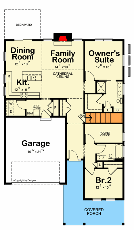 Plan 42733DB:  2-Bedroom Cottage Ranch House Plan with Sunroom and Office - Floor Plan - Main Level - Cottage, Ranch