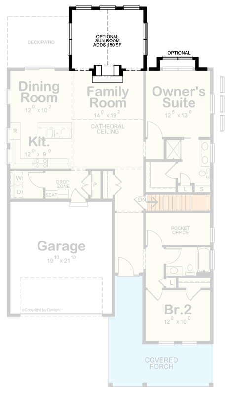 Plan 42733DB:  2-Bedroom Cottage Ranch House Plan with Sunroom and Office - Floor Plan - Optional Sunroom - Cottage, Ranch