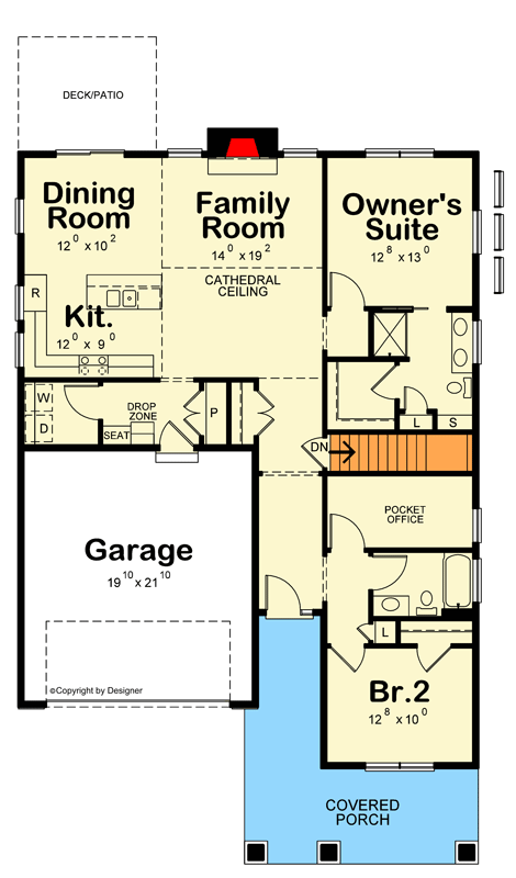 Plan 42734DB: Two-Bedroom House Plan with Attached Garage and Optional Sunroom - Floor Plan - Main Level - Craftsman, Ranch, Traditional