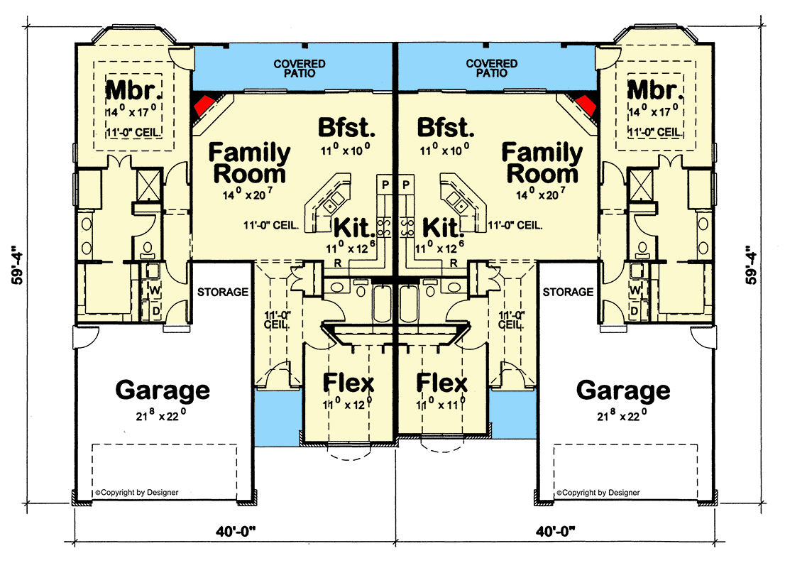 Plan 42739DB: Spacious Traditional Ranch Duplex House Plan with 4 Bedrooms and 4-Car Garage - Floor Plan - Main Level - Ranch, Traditional