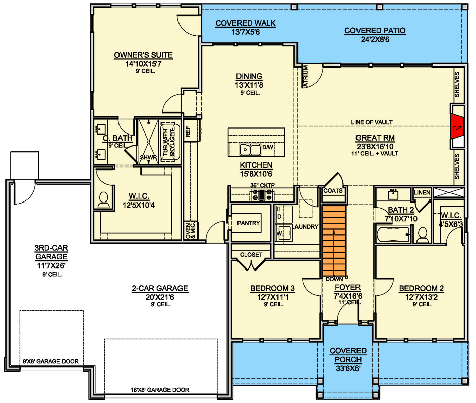 Plan 370053SEN: New American House Plan with 3 Bedrooms and 3-Car Garage - Floor Plan - Main Level - Country, Craftsman, Modern Farmhouse, Mountain, New American