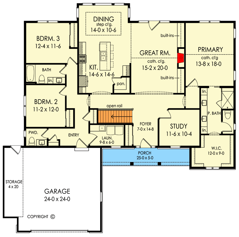Plan 790182GLV: Charming 3-Bedroom Farmhouse House Plan with 2313 Sq Ft and Study - Floor Plan - Main Level - Country, Farmhouse, Traditional