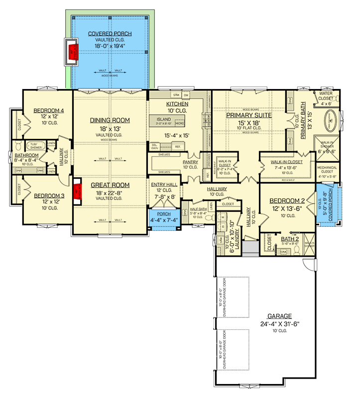 Plan 820014WSF: Coastal Contemporary 4 Bedroom House Plan with Vaulted Great Room - Floor Plan - Main Level - Coastal Contemporary, Contemporary, Farmhouse, Transitional