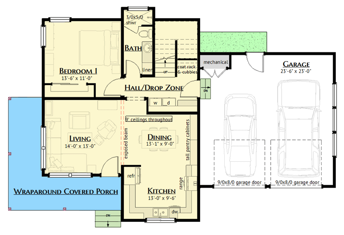 Plan 180023VNW: Modern Farmhouse House Plan with 3 Beds and Wrap-Around Porch - Floor Plan - Main Level - Country, Modern Farmhouse