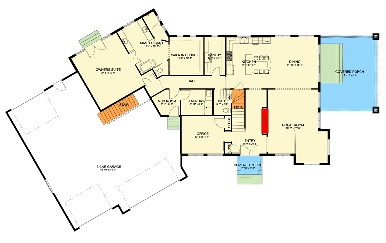 Plan 61735UT: 3 Bedroom Modern Transitional House Plan with Four Car Garage - Floor Plan - Main Level - European, Transitional