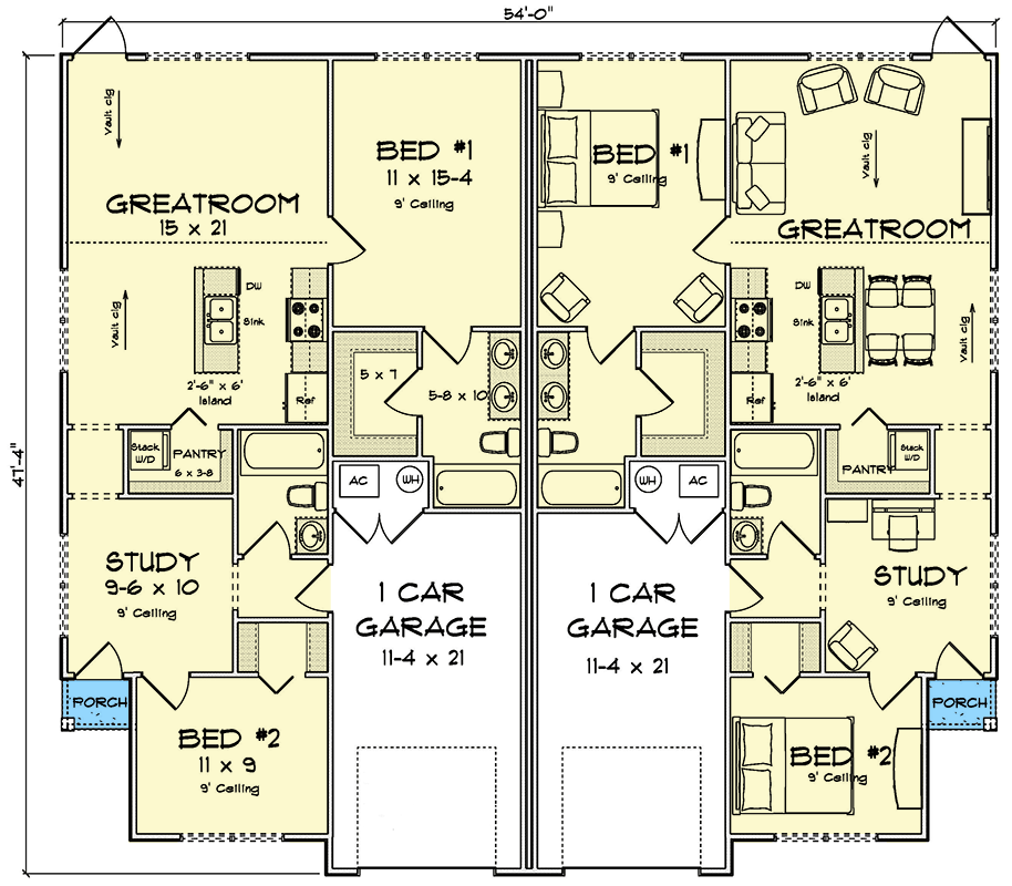 Plan 52532WM: Versatile 4 Bed Ranch Duplex House Plan with Split Living - Floor Plan - Main Level - Ranch, Traditional