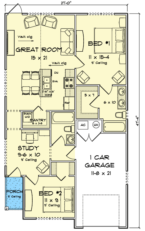 Plan 52533WM: Country House Plan with Split Bedrooms and 1 Car Garage - Floor Plan - Main Level - Country, Traditional