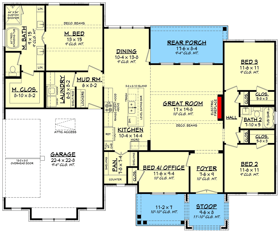 Plan 52033HZ: New American Ranch House Plan with Flex Room and Three Bedrooms - Floor Plan - Main Level - Farmhouse, New American, Ranch