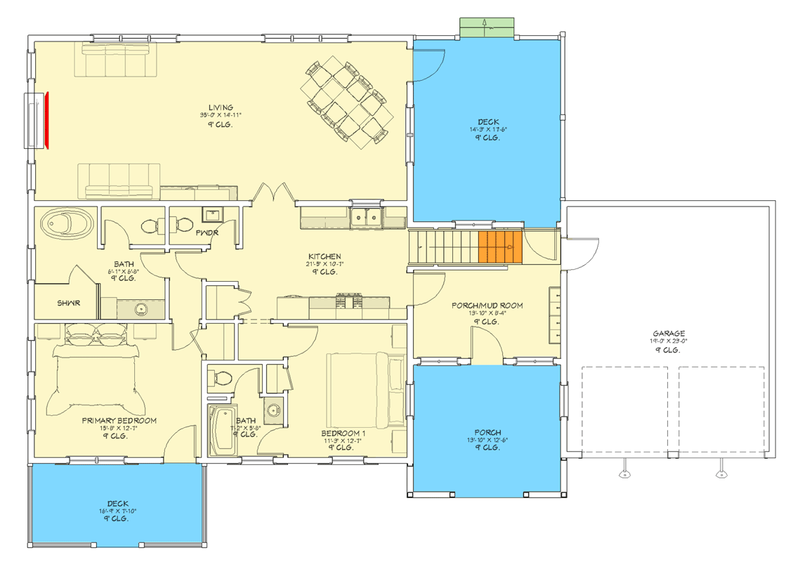 Plan 744521ABR: Craftsman Farmhouse House Plan with First-Floor Primary Suite" - Floor Plan - Main Level - Craftsman, Farmhouse, Traditional