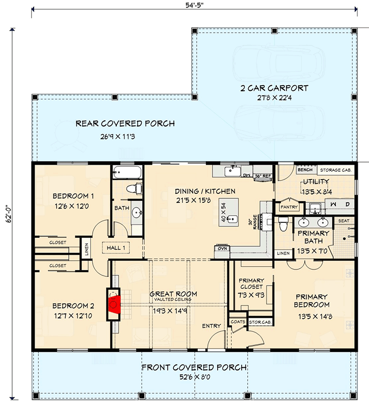 Plan 28954JJ: Charming Modern Farmhouse House Plan with Vaulted Great Room and Split Bedrooms - Floor Plan - Main Level - Country, Farmhouse, Modern Farmhouse, Ranch