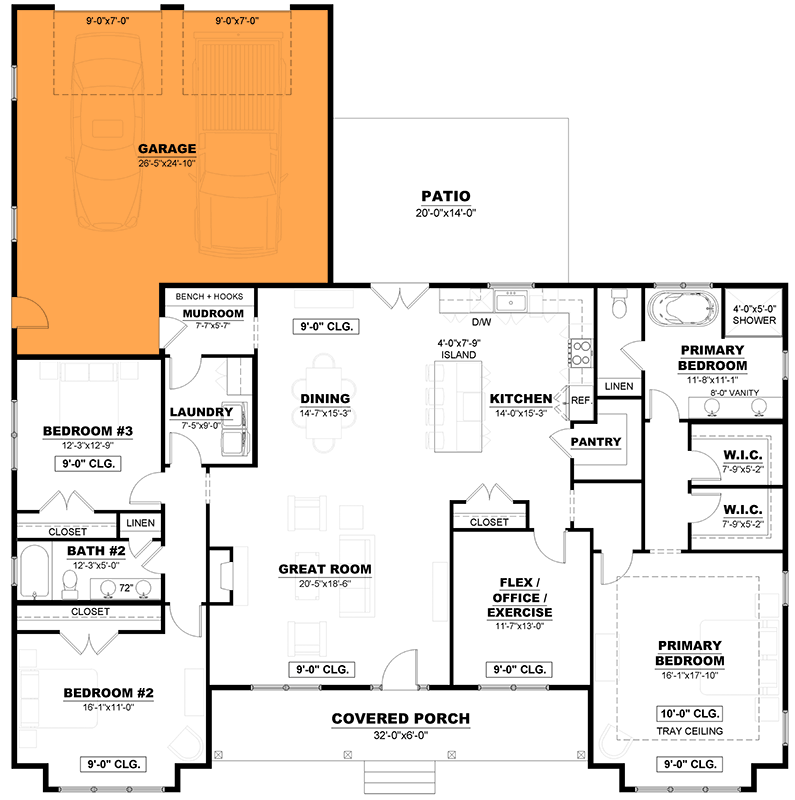 Plan 810059RBT: Spacious Modern Farmhouse Ranch House Plan with Split Bedrooms and 2-Car Garage - Floor Plan - Optional Rear Entry Garage (Paid Option $$$) - Country, Modern Farmhouse, New American, Ranch, Traditional