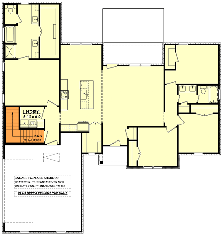 Plan 52034HZ: Traditional Ranch Farmhouse House Plan with Split Bedrooms and Open Living - Floor Plan - Basement Stairs Location - Country, Farmhouse, Traditional