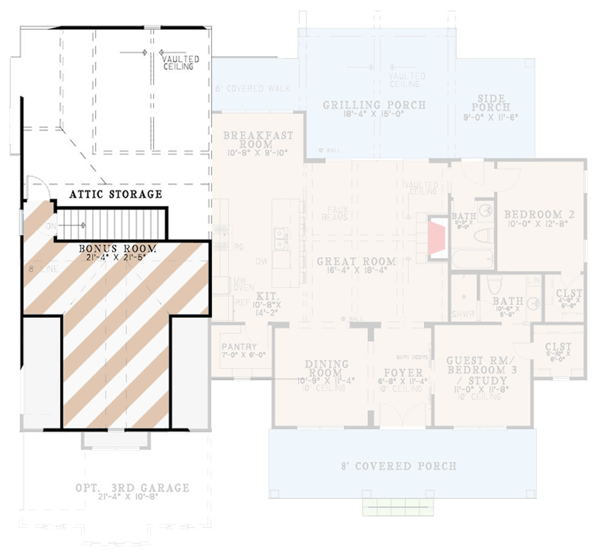 Plan 70954MK: Farmhouse House Plan with 3 Bedrooms and Flexible Bonus Room - Floor Plan - Optionally Finished Bonus Room - Farmhouse, Modern Farmhouse, New American