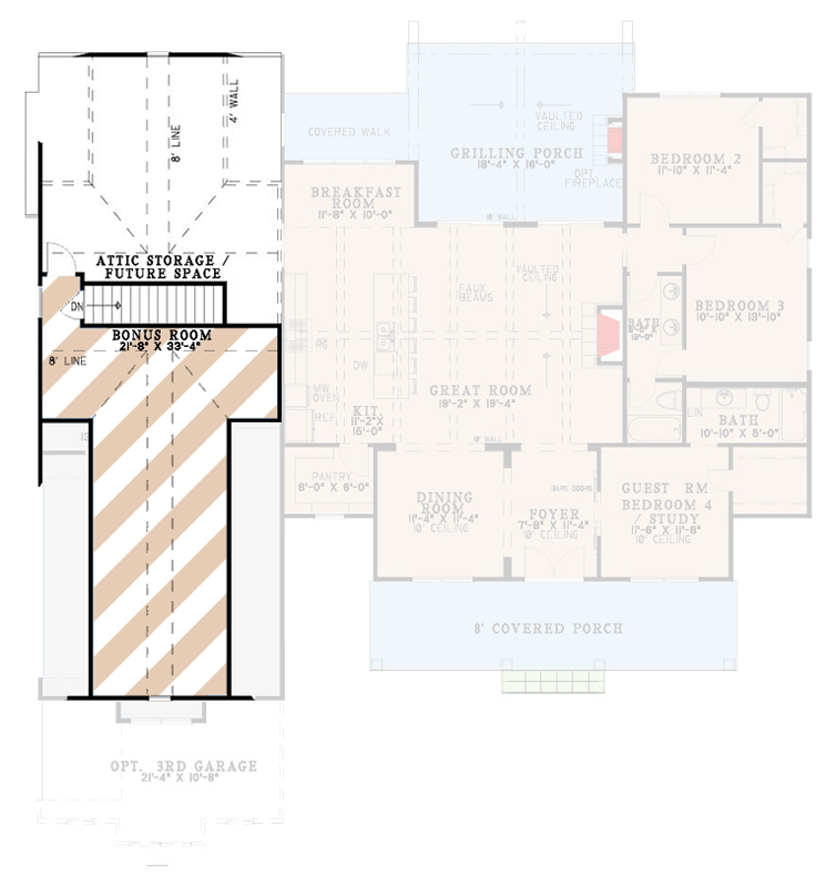 Plan 70959MK: Four Bed Modern Farmhouse Plan with Two Story Great Room - Floor Plan - Optionally Finished Bonus Room - Farmhouse, New American