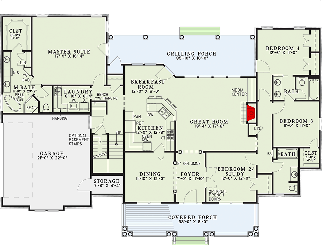 Plan 60725ND: Charming Country Farmhouse Plan with 4 Bedrooms and Optional Bonus Room - Floor Plan - Main Level - Country, Farmhouse, Low Country, Southern, Traditional