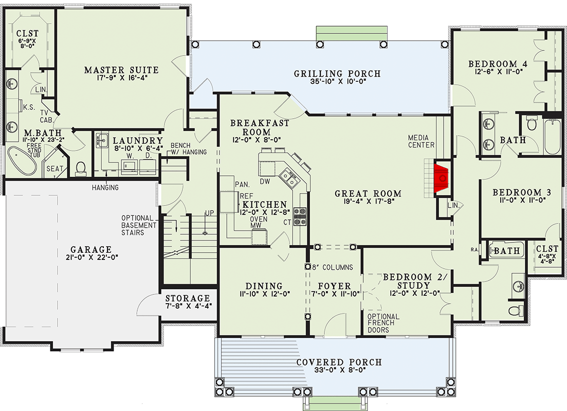 Plan 60726ND: Modern Farmhouse House Plan with 4 Bedrooms and Main Level Master Suite - Floor Plan - Main Level - Country, Farmhouse, Low Country, Modern Farmhouse, Southern, Traditional