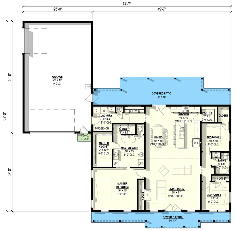 Plan 405110FDC: 3 Bedroom Barndominium Farmhouse House Plan with 3-Car Garage - Floor Plan - Main Level - Barndominium, Farmhouse