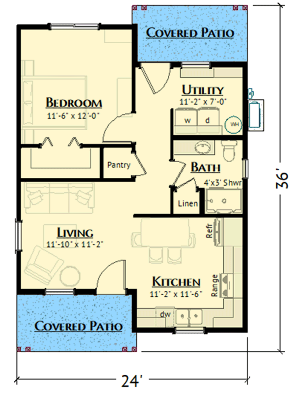 Plan 180025VNW: Compact Traditional ADU House Plan with 1 Bed and Covered Patios - Floor Plan - Main Level - Traditional