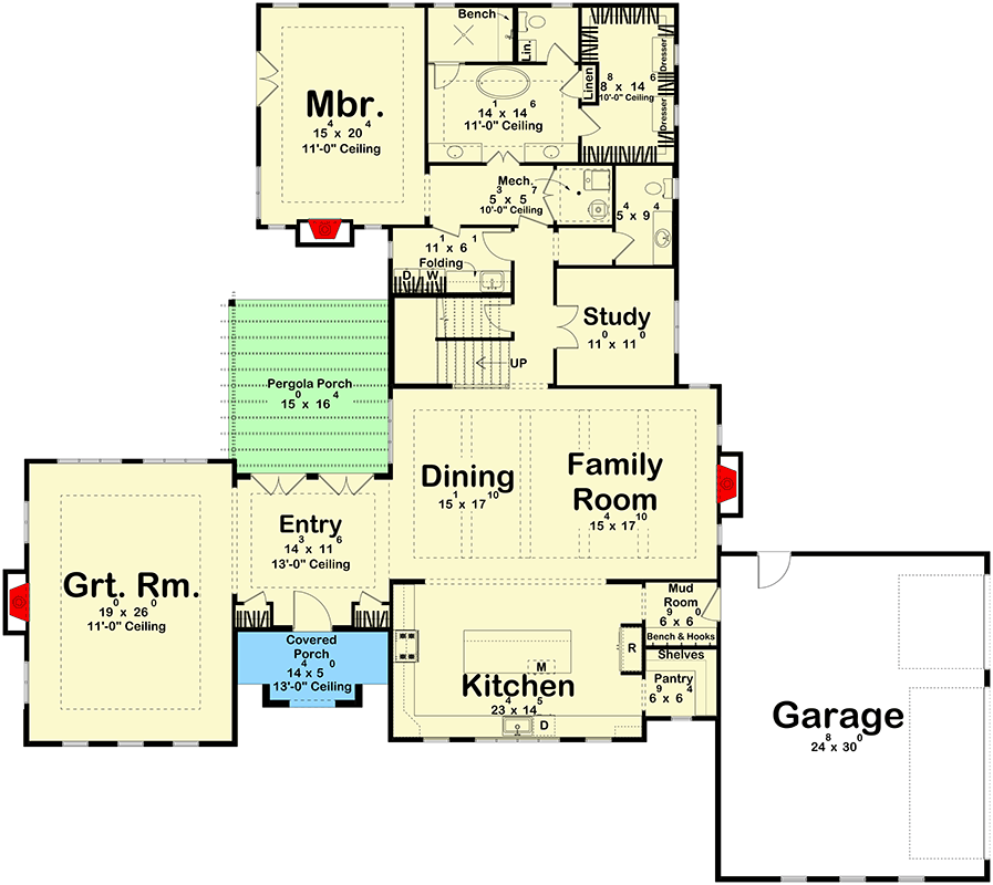 Plan 623614DJ: Luxury French Country House Plan with 4 Bedrooms and 3 Car Garage - Floor Plan - Main Level - European, French Country
