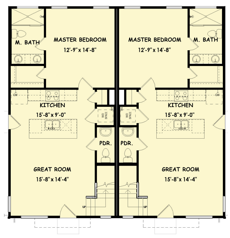 Plan 100369GHR: Symmetrical Contemporary Modern Duplex House Plan with Three Bedrooms Per Unit - Floor Plan - Main Level - Contemporary, Modern