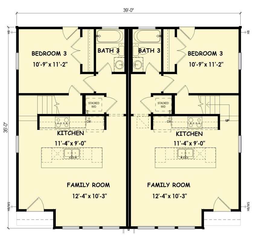 Plan 100370GHR: Contemporary Modern Duplex House Plan with Primary Suite Upstairs - Floor Plan - Main Level - Contemporary, Modern