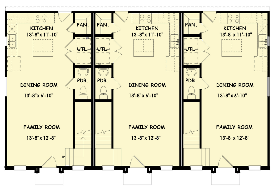 Plan 100371GHR: Traditional Townhome Multi Family Plan with Efficient Layout and Upstairs Suites - Floor Plan - Main Level - Traditional