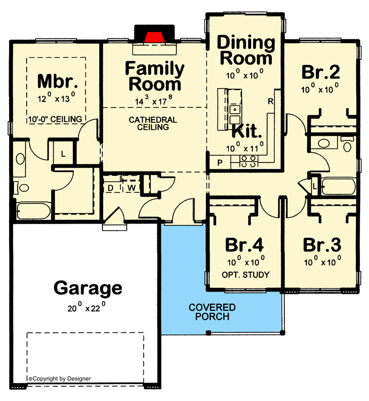 Plan 42616DB: Country Ranch House Plan with Split Bedroom Design and Covered Front Porch - Floor Plan - Main Level - Country, Ranch, Traditional
