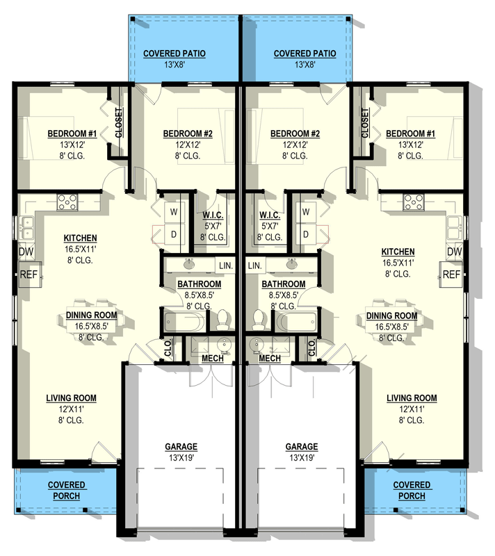 Plan 405122FDC: Country Ranch Duplex House Plan with Two 2-Bedroom Units - Floor Plan - Main Level - Country, Ranch