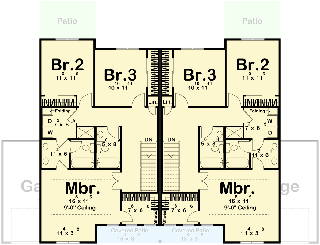 Plan 623617DJ: Modern Farmhouse Duplex Plan with 3 Beds 2 Baths and 1707 Sq Ft - Floor Plan - 2nd Floor - Modern Farmhouse