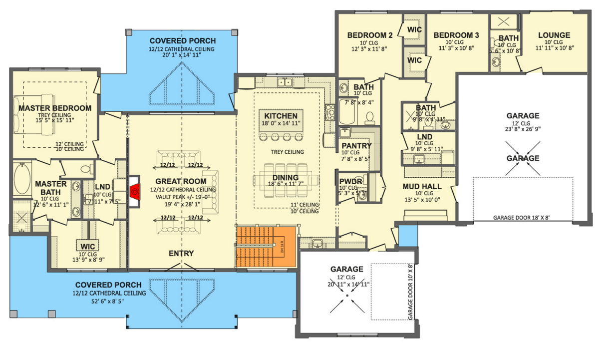 Plan 911068JVD: Mountain Craftsman House Plan with Split Bedrooms and 3-Car Garage - Floor Plan - Main Level - Craftsman, Mountain