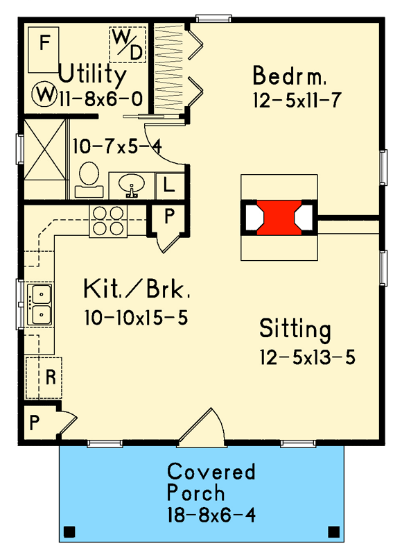 Plan 22031SL: Charming 1-Bedroom Cottage Bungalow House Plan with Front Porch - Floor Plan - Main Level - Bungalow, Cabin, Cottage, Northwest