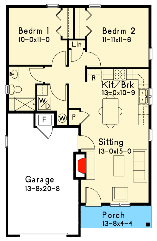 Plan 22103SL: Cottage House Plan with 2 Beds, Main Level Living, and 1-Car Garage - Floor Plan - Main Level - Cottage, Country