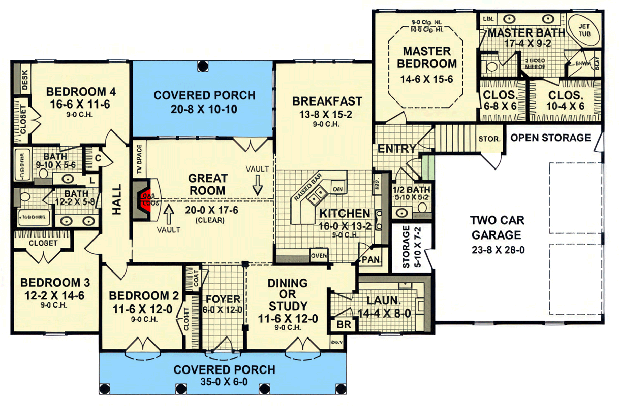 Plan 51379MM: French Country House Plan with 4 Bedrooms and Bonus Room - Floor Plan - Main Level - French Country, Modern Farmhouse, Ranch