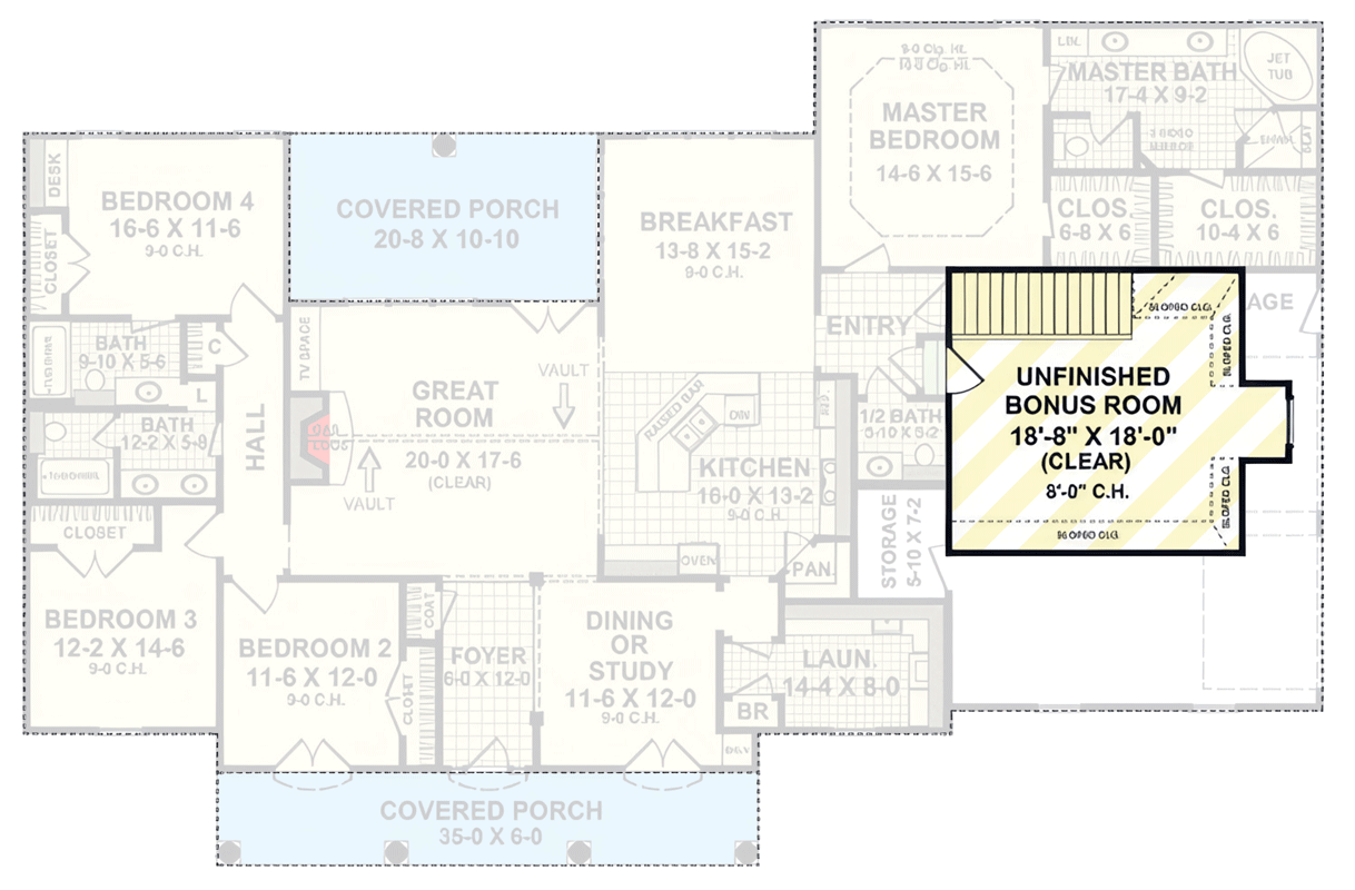 Plan 51379MM: French Country House Plan with 4 Bedrooms and Bonus Room - Floor Plan - Optionally Finished Bonus Room - French Country, Modern Farmhouse, Ranch