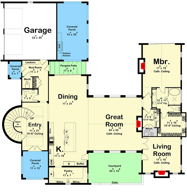 Plan 623628DJ: Stunning Coastal Contemporary House Plan with 4 Bedrooms and Courtyard - Floor Plan - Main Level - Coastal Contemporary, Contemporary, Florida-Style