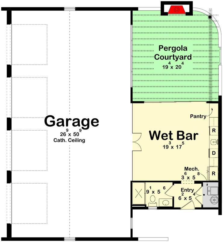 Plan 623629DJ: Coastal Contemporary 4-Car Garage House Plan with Wet Bar and Pergola Courtyard - Floor Plan - Main Level - Coastal Contemporary, Contemporary, Florida-Style