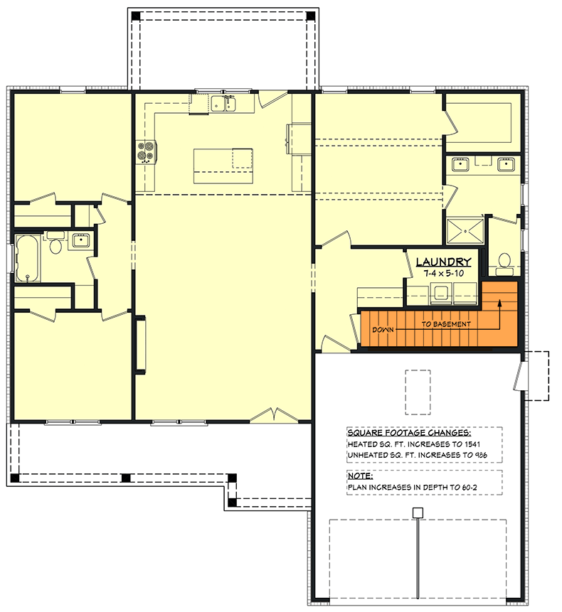 Plan 52037HZ: Farmhouse House Plan with 3 Beds, 2 Baths, and Inviting Porches - Floor Plan - Basement Stairs Location - Country, Farmhouse, Southern, Traditional