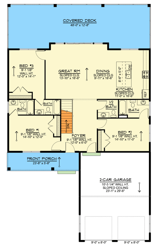 Plan 135417GRA: Sleek Modern House Plan with 3 Bedrooms and 2-Car Garage - Floor Plan - Main Level - Contemporary, Modern, Mountain, Vacation