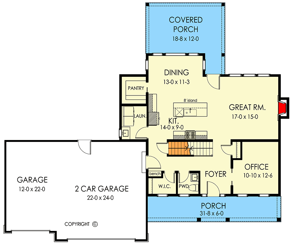 Plan 790183GLV: Modern Farmhouse House Plan with 4 Beds, 3-Car Garage, and Dedicated Office - Floor Plan - Main Level - Modern Farmhouse, New American