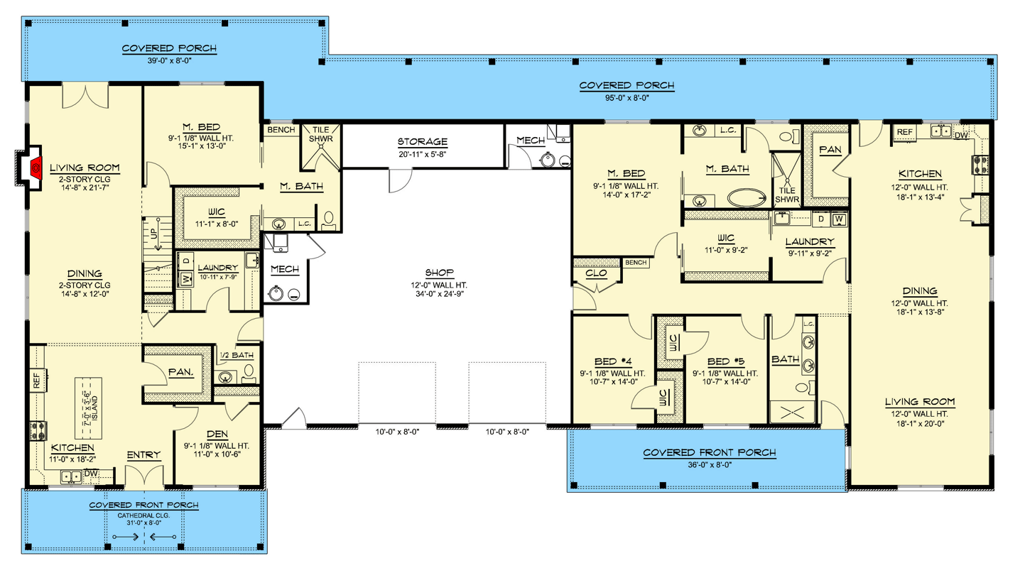 Plan 135418GRA: Modern Barndominium House Plan with Apartment, 6 Bedrooms, and Workshop - Floor Plan - Main Level - Barndominium, Country, New American