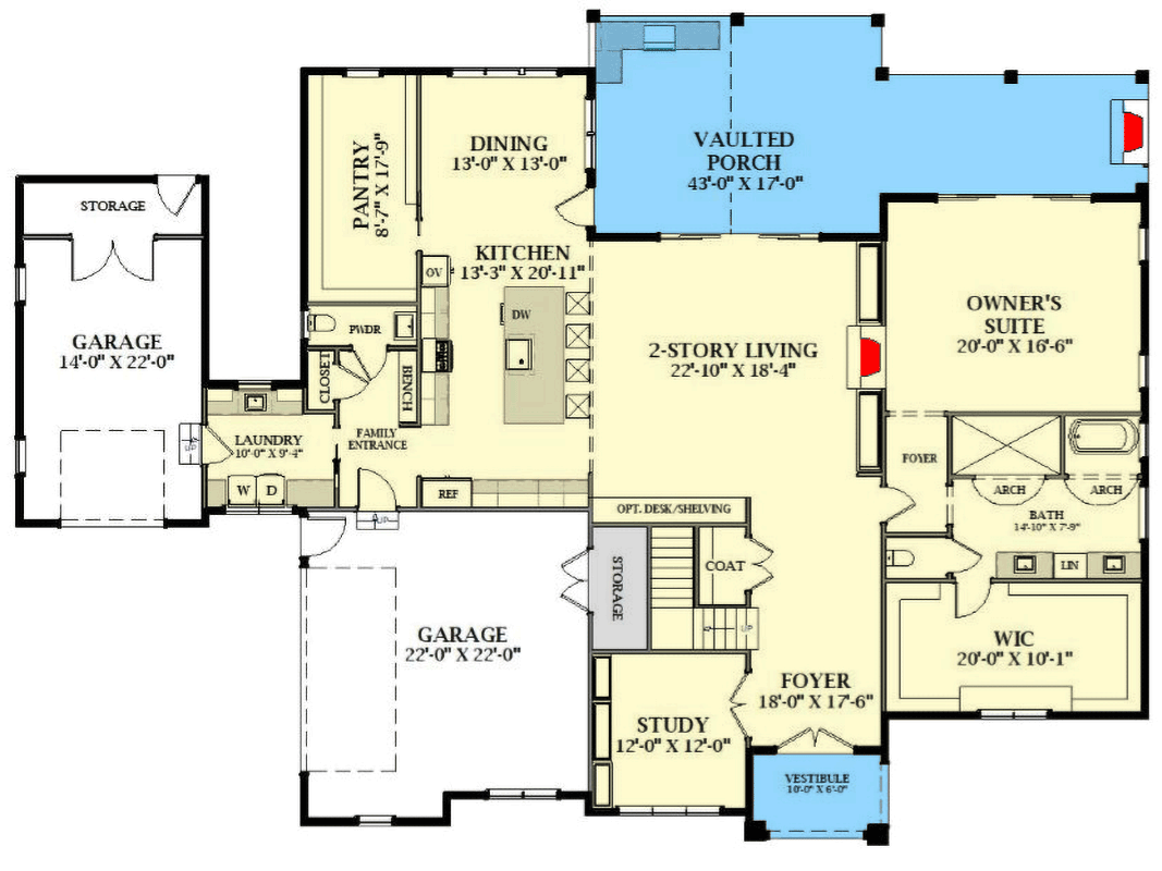 Plan 46535LA: Modern Transitional Farmhouse Plan with 4 Beds, Study, and Outdoor Kitchen - Floor Plan - Main Level - European, Farmhouse, New American, Transitional
