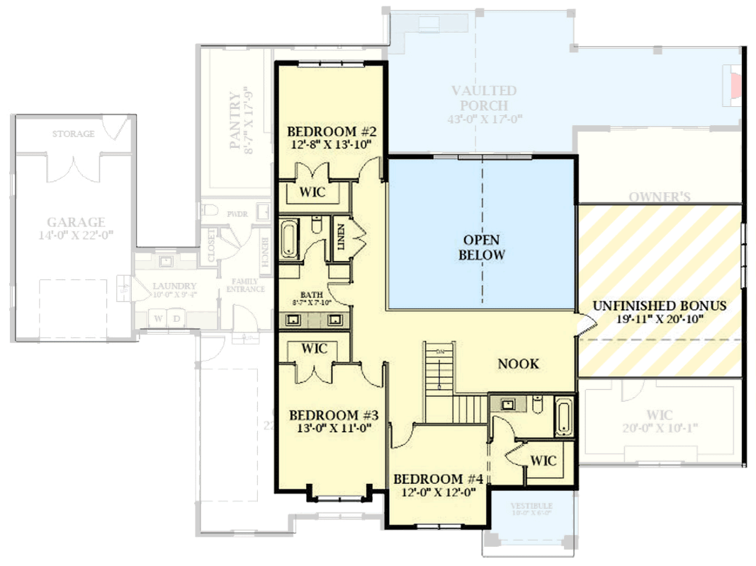 Plan 46535LA: Modern Transitional Farmhouse Plan with 4 Beds, Study, and Outdoor Kitchen - Floor Plan - 2nd Floor - European, Farmhouse, New American, Transitional