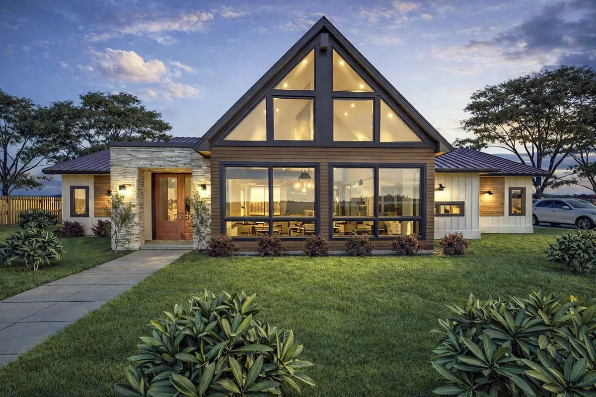 Striking Contemporary House Plan with A-Frame Glass Gable and Open-Concept Great Room