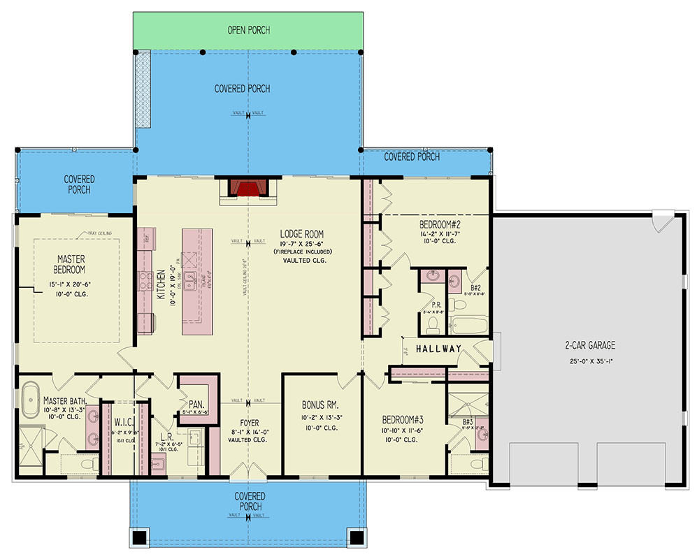 Plan 25945GE: Modern Farmhouse House Plan with 3 Bedrooms and Two-Story Great Room - Floor Plan - Main Level - Modern Farmhouse, Mountain, New American