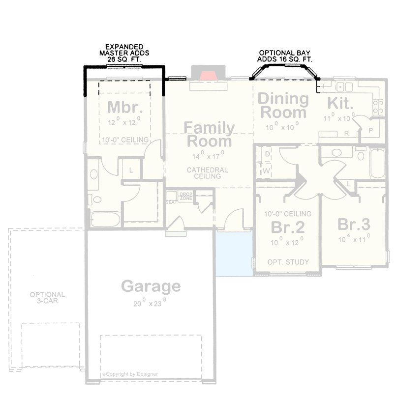 Plan 42746DB: Traditional Ranch House Plan with Split 3 Bedrooms and 2-Car Garage - Floor Plan - Optional Expanded Master and Dining Bay Window (included) - Ranch, Traditional